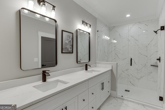 bathroom with a sink, a marble finish shower, marble finish floor, and double vanity