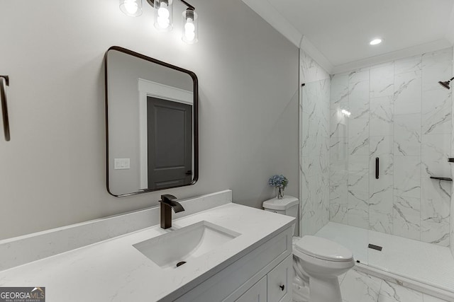 bathroom with a marble finish shower, toilet, recessed lighting, marble finish floor, and vanity