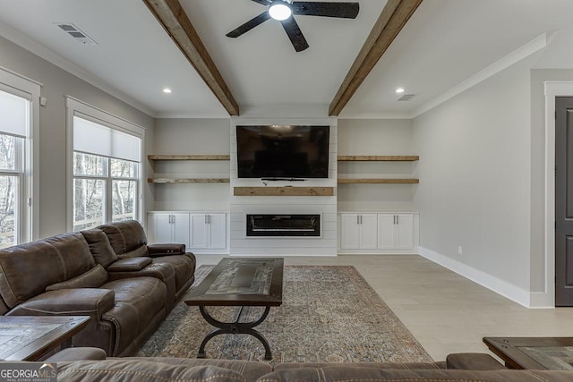 living area with light wood-type flooring, beamed ceiling, visible vents, a fireplace, and baseboards