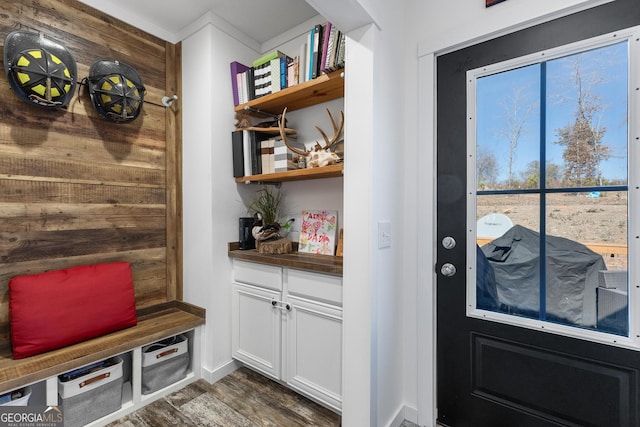 doorway featuring dark wood-style flooring