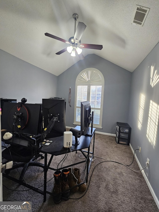 1722 Harrogate Dr, Augusta, GA 30906 - office space featuring lofted ceiling, visible vents, carpet flooring, a textured ceiling, and baseboards