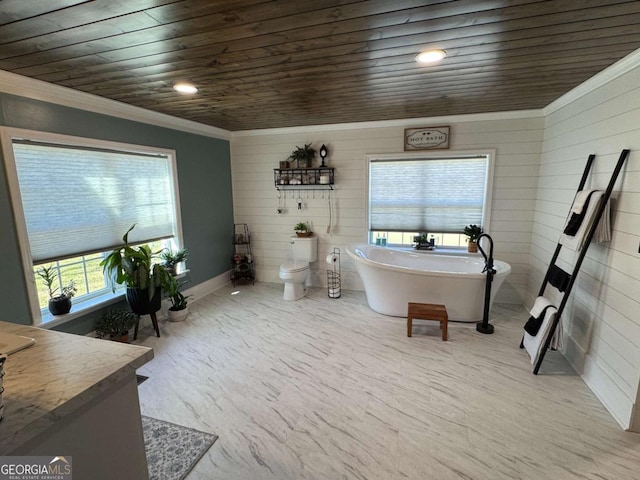 full bathroom with wooden ceiling, a freestanding tub, crown molding, and vanity