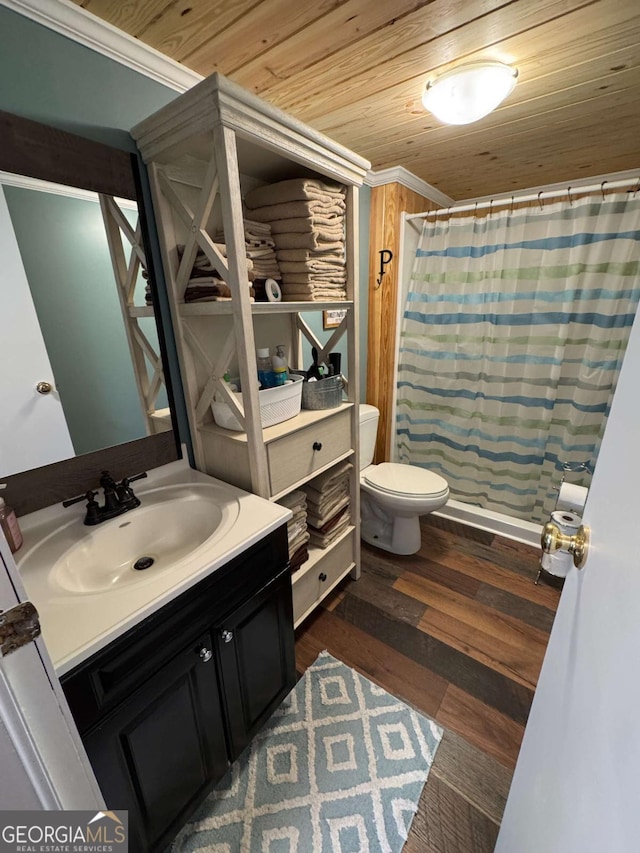 full bath featuring wooden ceiling, vanity, toilet, and wood finished floors