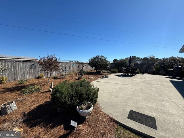 view of yard with outdoor dining space, a patio area, and a fenced backyard