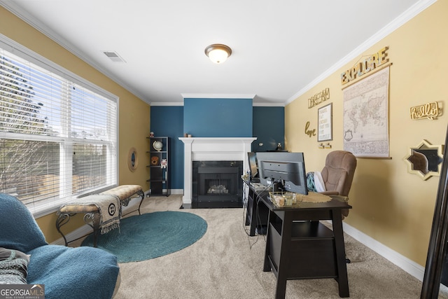 living room with carpet floors, a fireplace with flush hearth, visible vents, baseboards, and ornamental molding