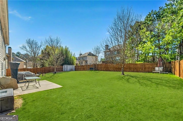 view of yard with a patio area, a shed, a fenced backyard, and an outbuilding