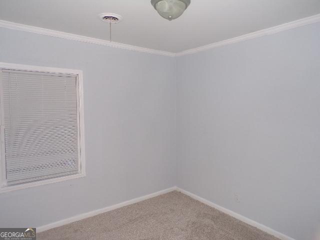 spare room featuring baseboards, carpet floors, and crown molding