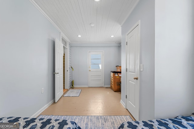 interior space featuring recessed lighting, wood ceiling, baseboards, light wood-type flooring, and crown molding