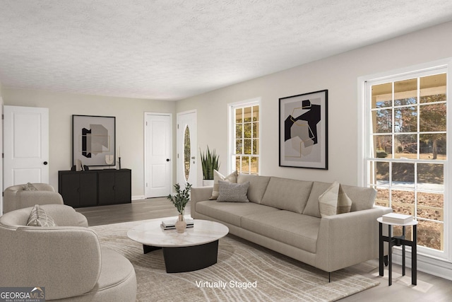 living area featuring a healthy amount of sunlight and a textured ceiling