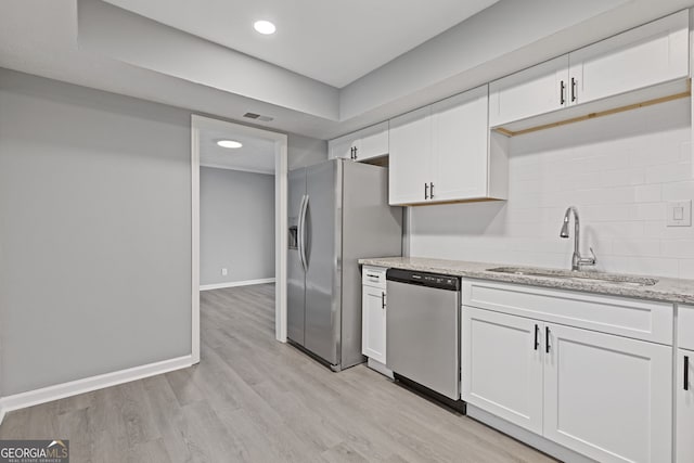 kitchen featuring decorative backsplash, appliances with stainless steel finishes, white cabinetry, a sink, and light wood-type flooring