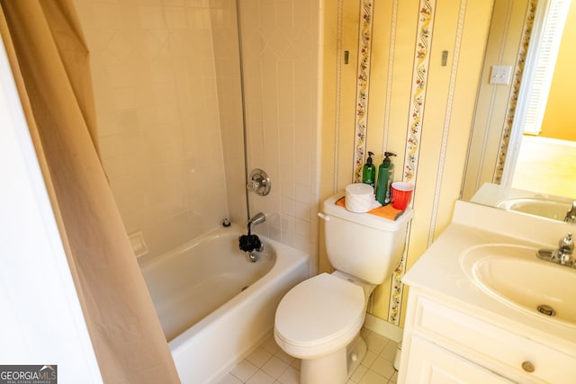 full bath with toilet, vanity, shower / bathing tub combination, and tile patterned floors