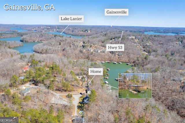 bird's eye view featuring a water view and a forest view