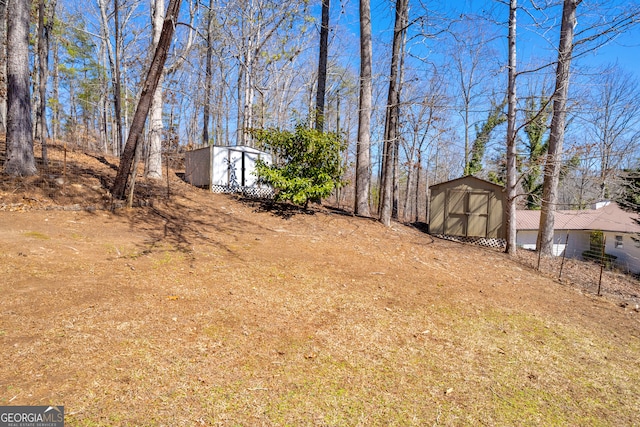 view of yard featuring a storage shed and an outbuilding