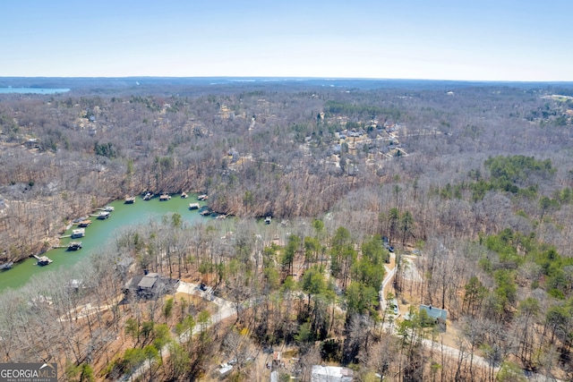 drone / aerial view featuring a water view and a wooded view