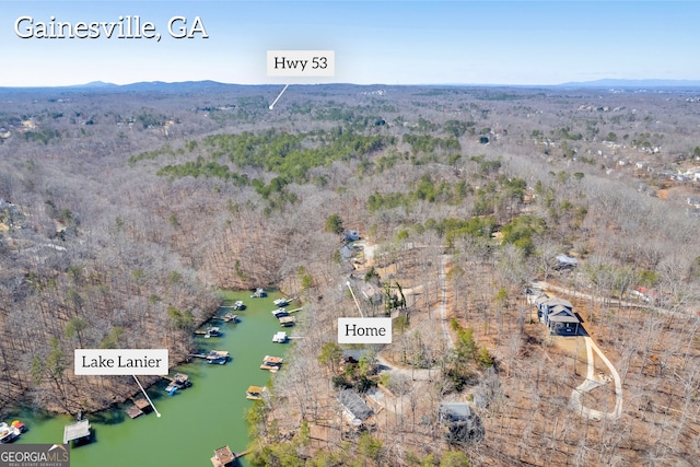 bird's eye view featuring a forest view and a water and mountain view