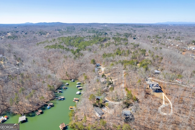 aerial view with a wooded view and a water and mountain view