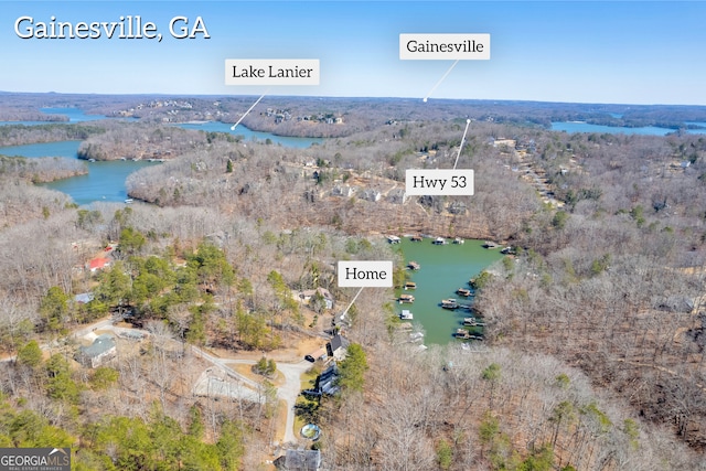 drone / aerial view featuring a forest view and a water view