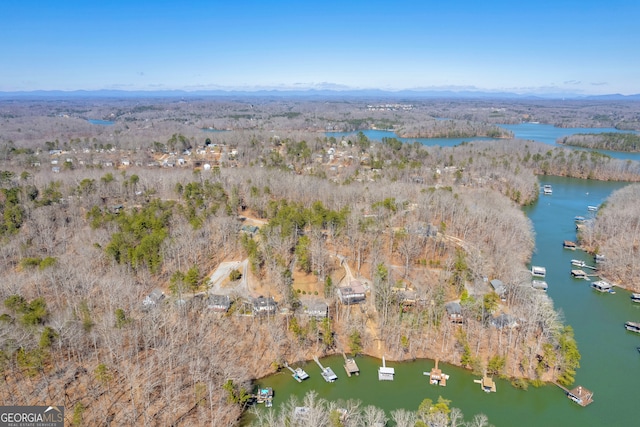 birds eye view of property featuring a forest view and a water view