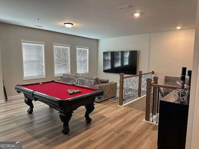 game room with light wood finished floors, billiards, and visible vents