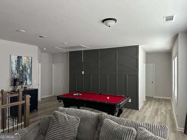 game room with light wood-type flooring, billiards, visible vents, and attic access