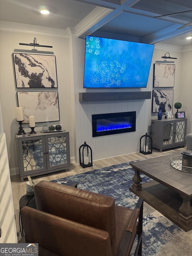 living area featuring wood finished floors, ornamental molding, and a glass covered fireplace