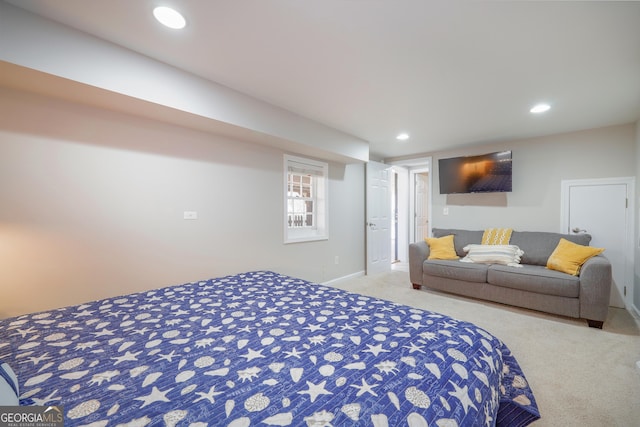 carpeted bedroom with recessed lighting and baseboards