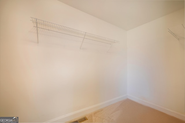 spacious closet featuring visible vents and light colored carpet