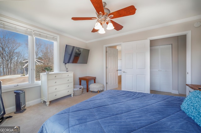 carpeted bedroom featuring a ceiling fan, baseboards, ornamental molding, and a closet