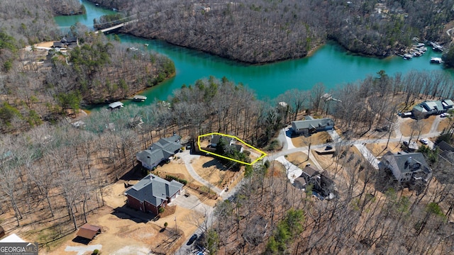 drone / aerial view featuring a water view and a view of trees