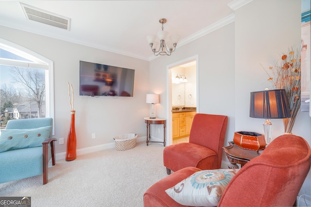 sitting room featuring carpet floors, visible vents, ornamental molding, a chandelier, and baseboards