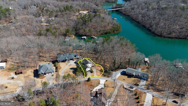 aerial view with a water view and a wooded view