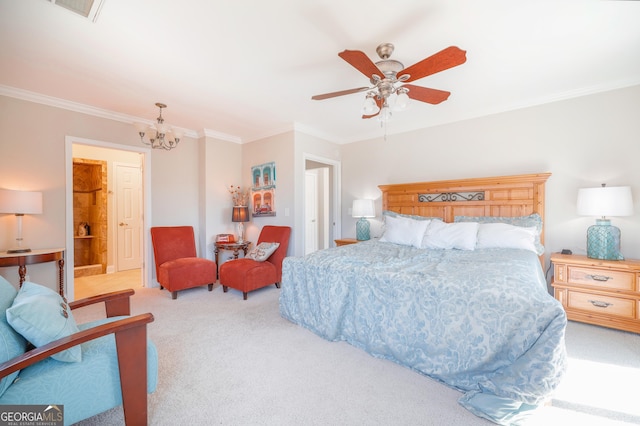 carpeted bedroom featuring ceiling fan with notable chandelier, ornamental molding, visible vents, and ensuite bathroom