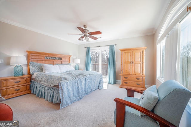 bedroom with ornamental molding, access to exterior, light colored carpet, and a ceiling fan