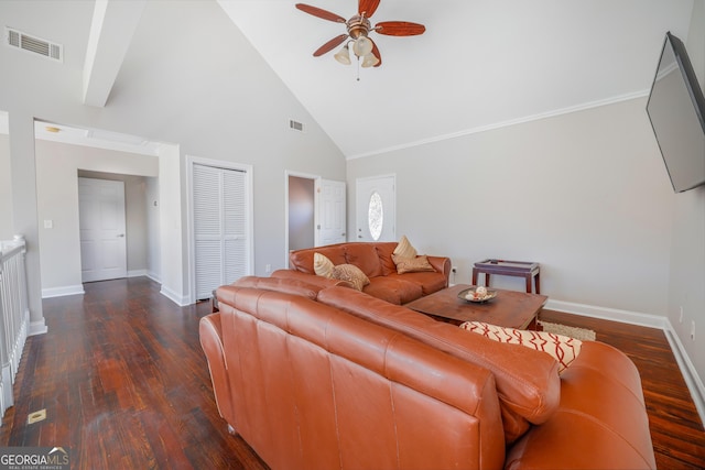 living room with high vaulted ceiling, dark wood-style flooring, visible vents, and baseboards