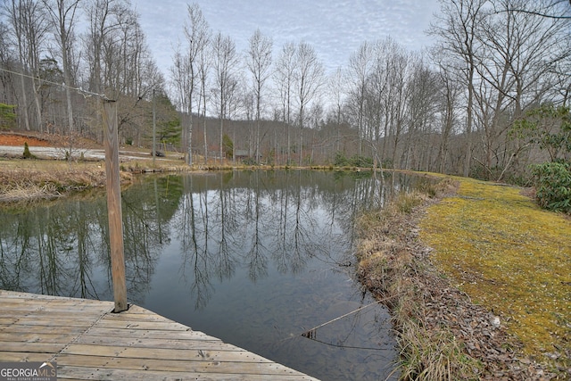 dock area with a water view and a wooded view