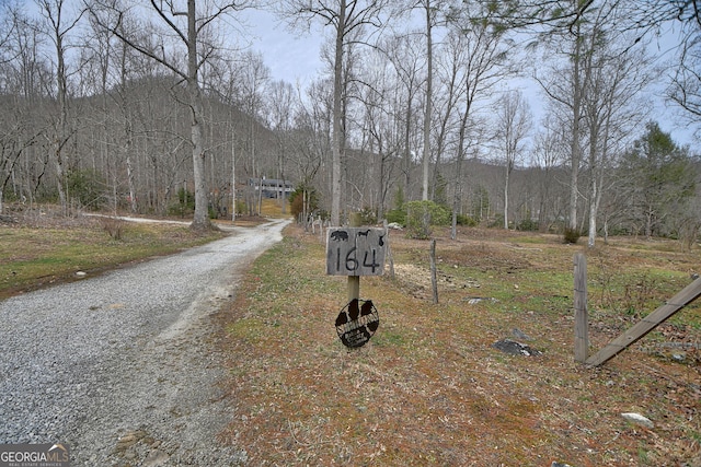 view of road featuring a forest view