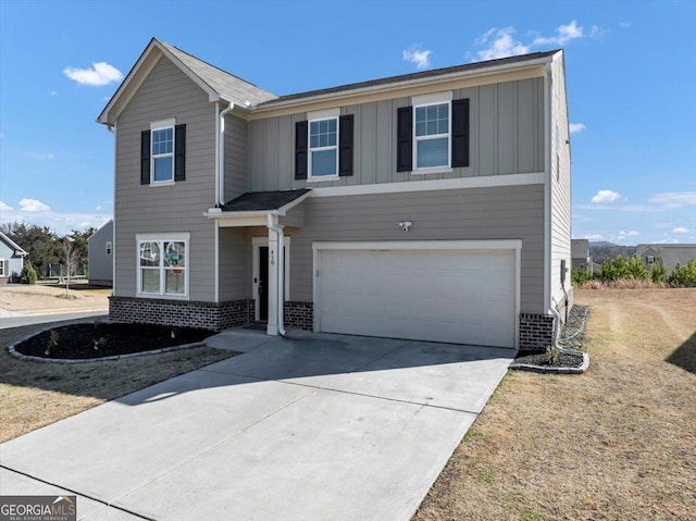 traditional home featuring a garage, driveway, board and batten siding, and brick siding