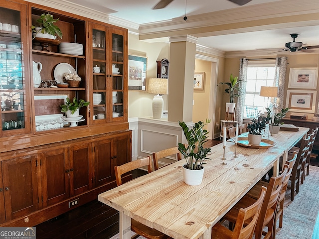 dining space with a ceiling fan, dark wood-type flooring, and crown molding