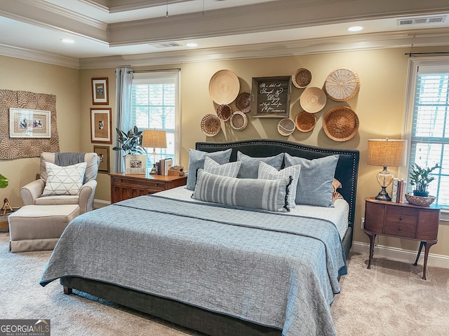 carpeted bedroom with ornamental molding, recessed lighting, visible vents, and baseboards