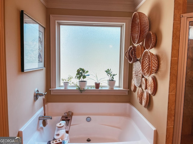 bathroom featuring crown molding and a bath