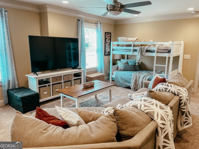 bedroom featuring recessed lighting, carpet flooring, and crown molding