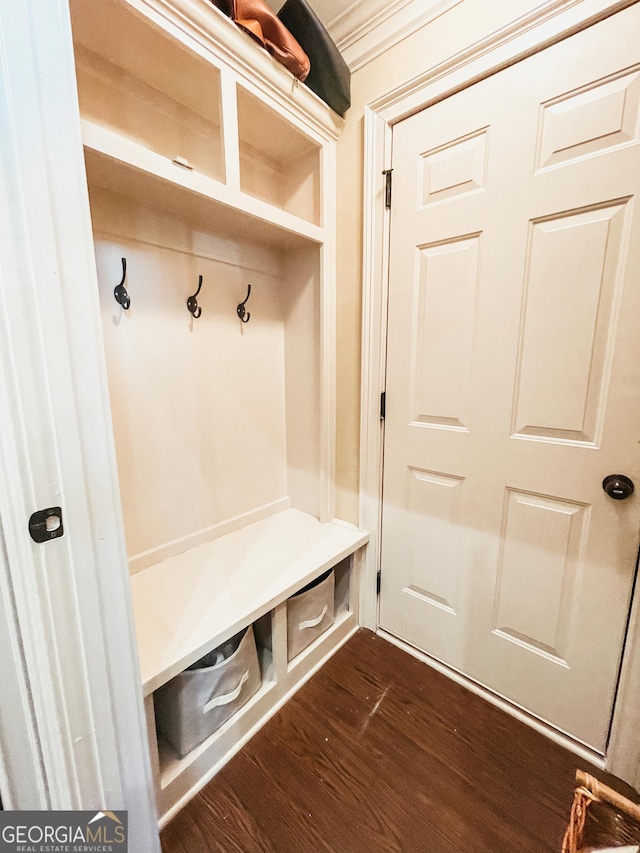 mudroom with dark wood finished floors