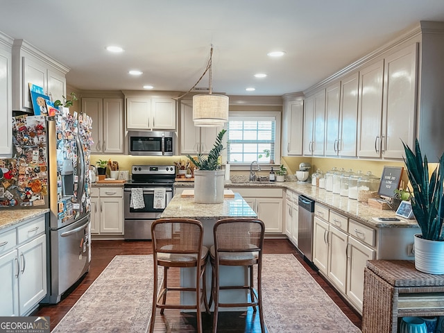 kitchen with dark wood-style flooring, stainless steel appliances, a sink, and recessed lighting