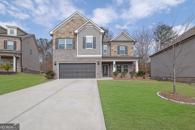 craftsman-style house with driveway, an attached garage, a front yard, central AC, and brick siding