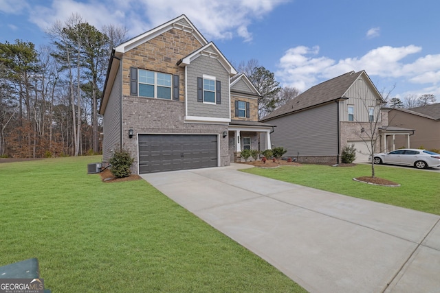 view of front of house featuring brick siding, central AC unit, a front yard, a garage, and driveway