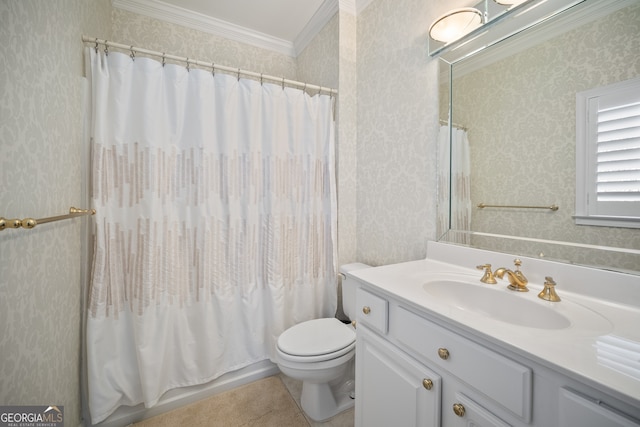 full bath featuring vanity, toilet, crown molding, and wallpapered walls