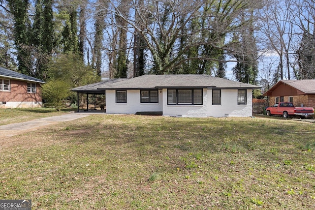 ranch-style home featuring an attached carport, a front yard, driveway, crawl space, and brick siding