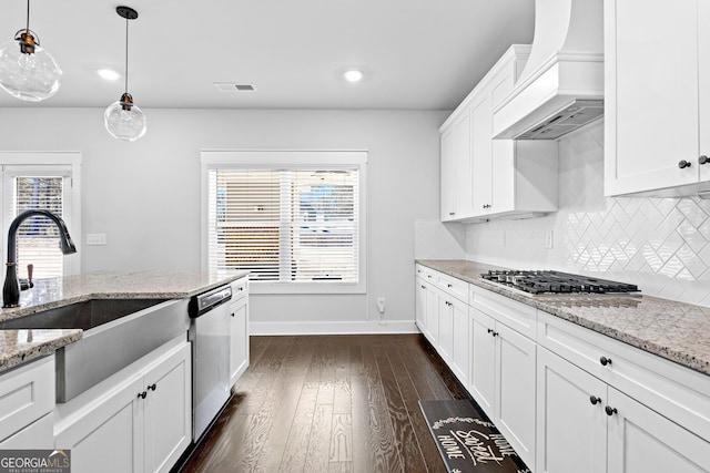 kitchen featuring dark wood-style flooring, stainless steel appliances, backsplash, a sink, and premium range hood