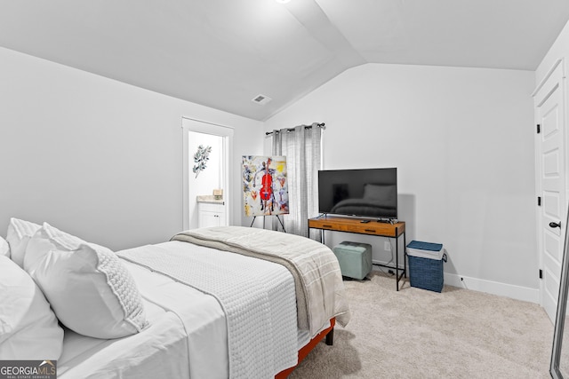 carpeted bedroom with lofted ceiling, visible vents, and baseboards