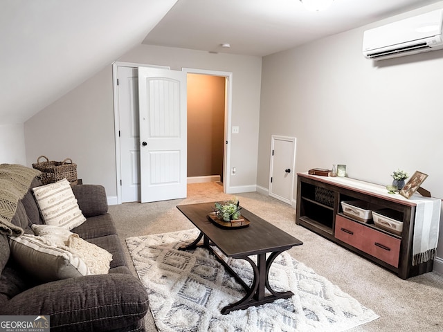 carpeted living room with baseboards, vaulted ceiling, and an AC wall unit